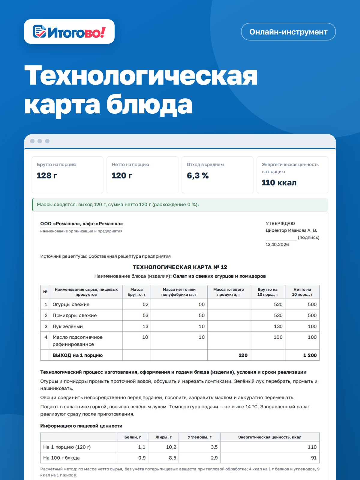 Технологическая карта блюда — онлайн-инструмент Итогово