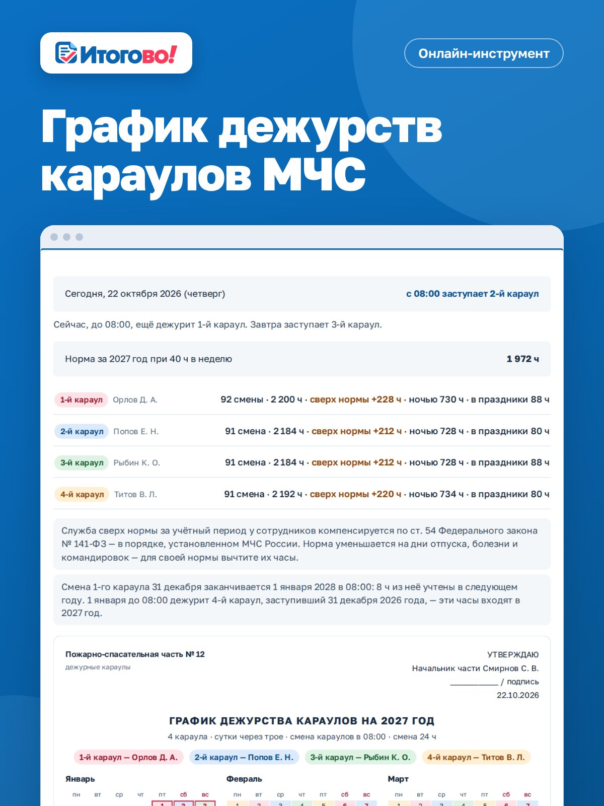 График дежурств караулов МЧС — онлайн-инструмент Итогово