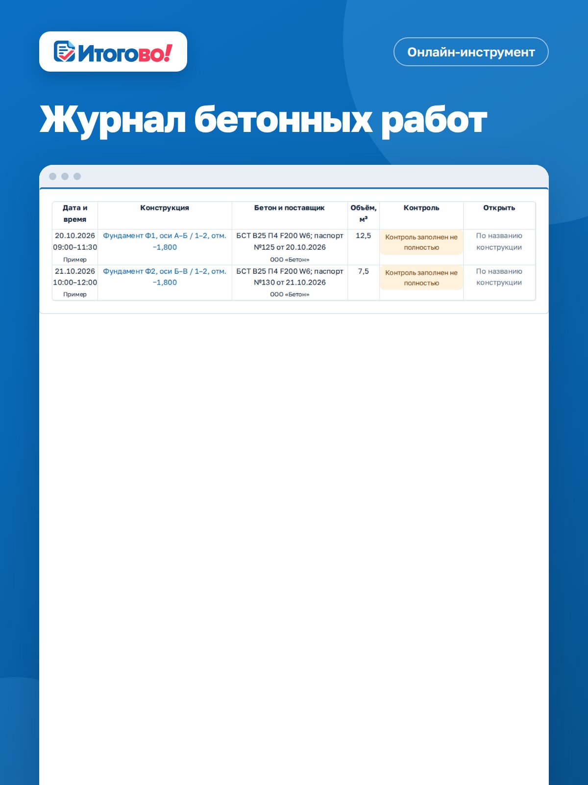 Журнал бетонных работ — онлайн-инструмент Итогово