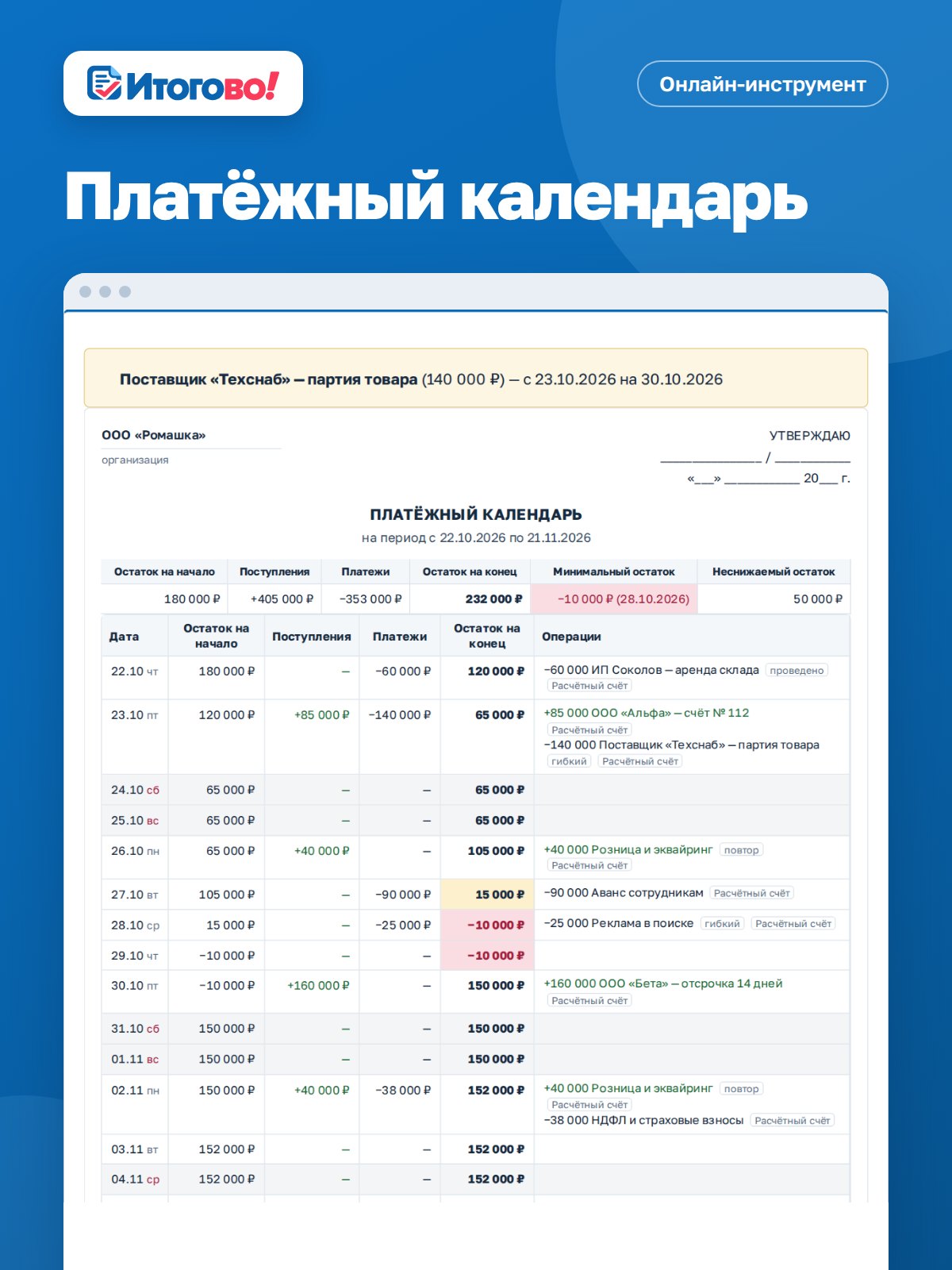Платёжный календарь — онлайн-инструмент Итогово