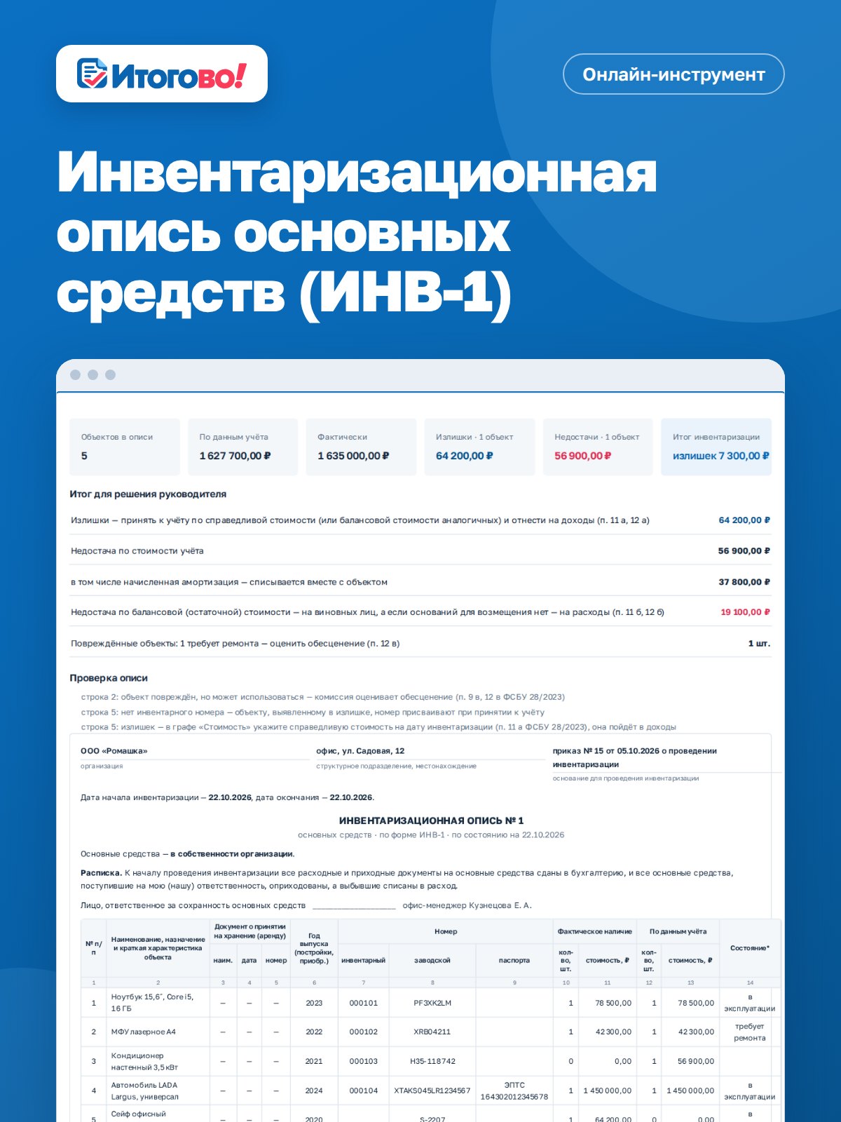 Инвентаризационная опись основных средств (ИНВ-1) — онлайн-инструмент Итогово