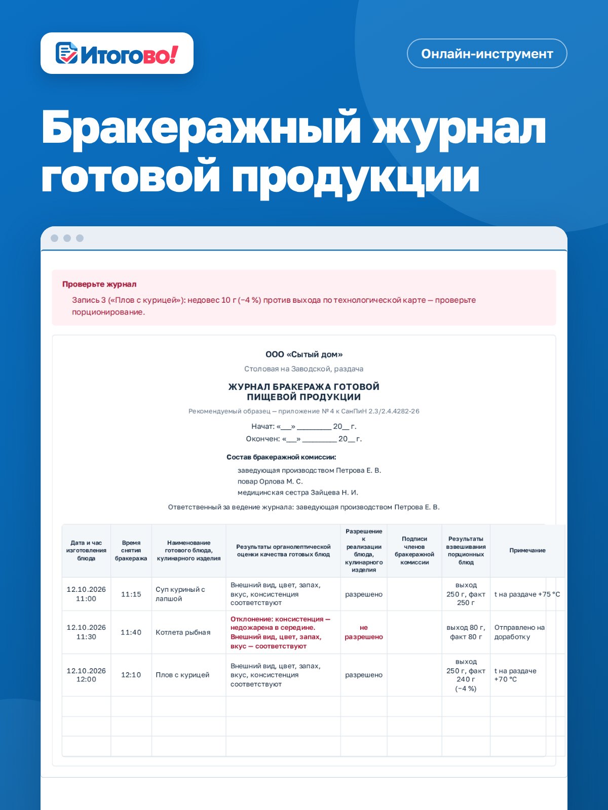 Бракеражный журнал готовой продукции — онлайн-инструмент Итогово