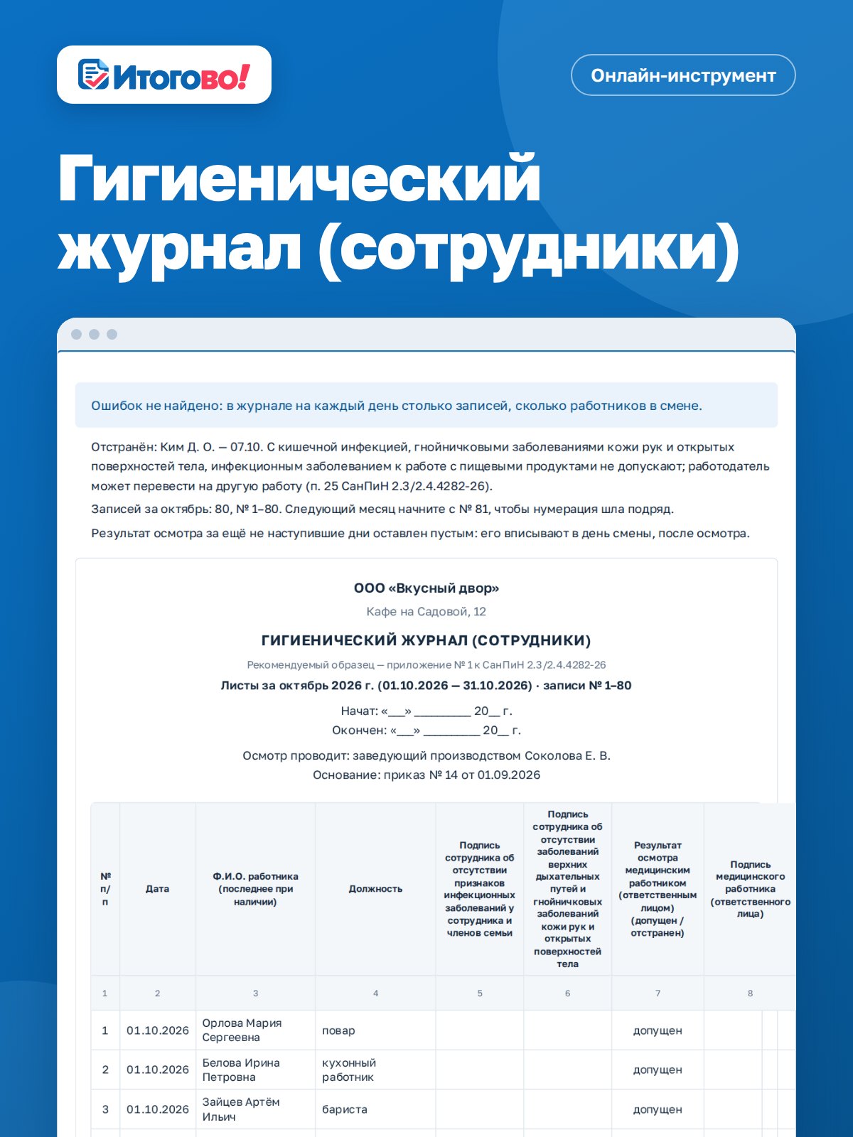 Гигиенический журнал (сотрудники) — онлайн-инструмент Итогово