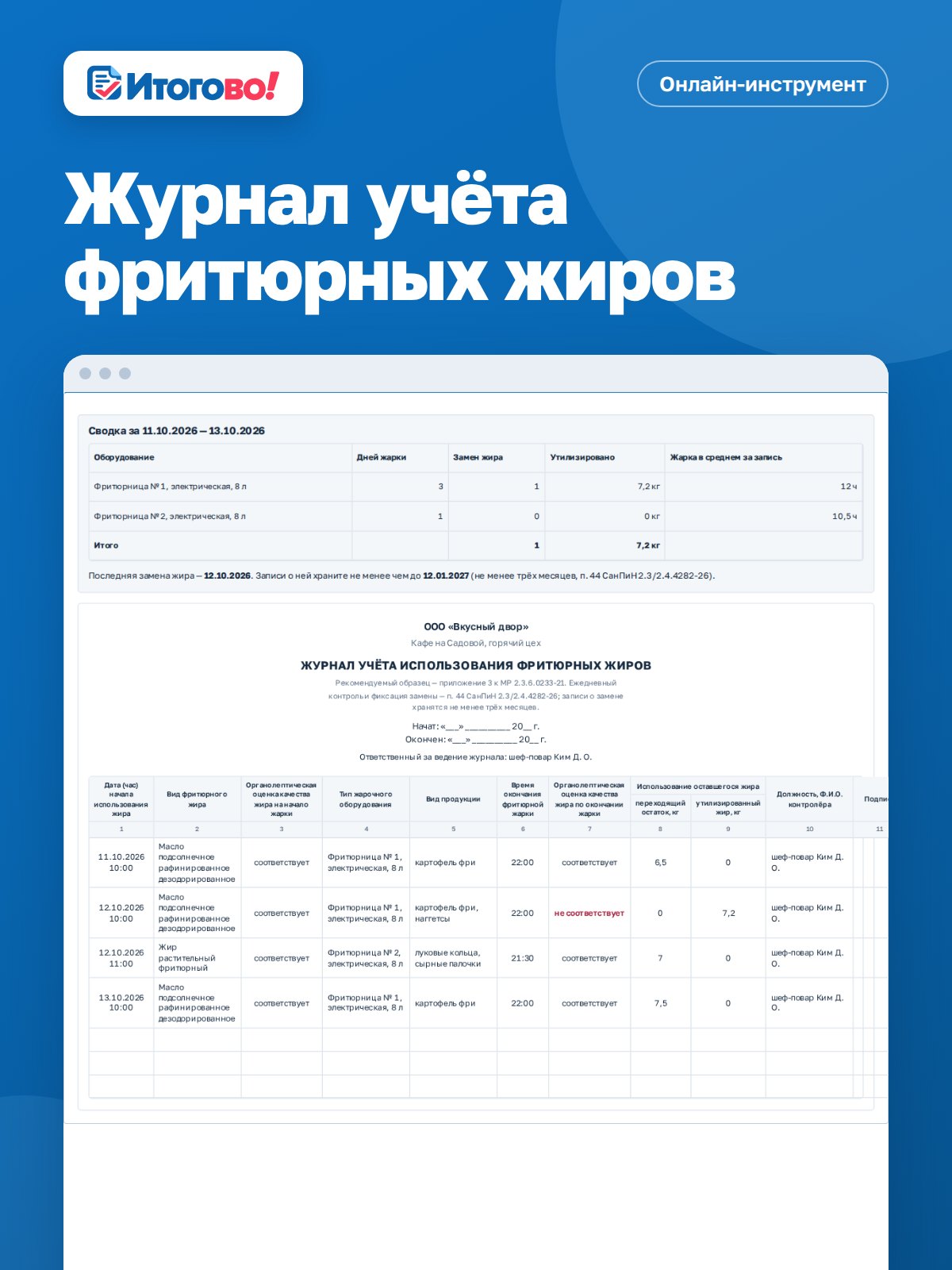 Журнал учёта фритюрных жиров — онлайн-инструмент Итогово