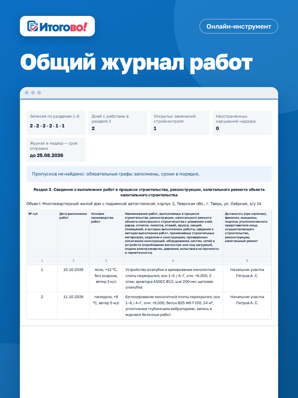 Общий журнал работ — онлайн-инструмент Итогово