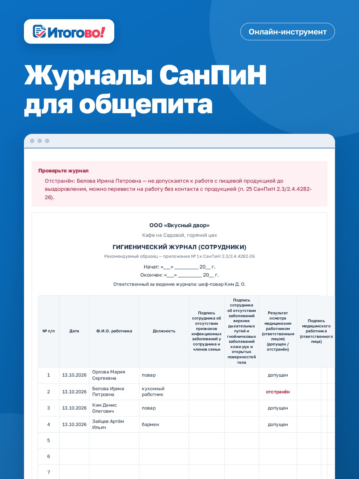Журналы СанПиН для общепита — онлайн-инструмент Итогово