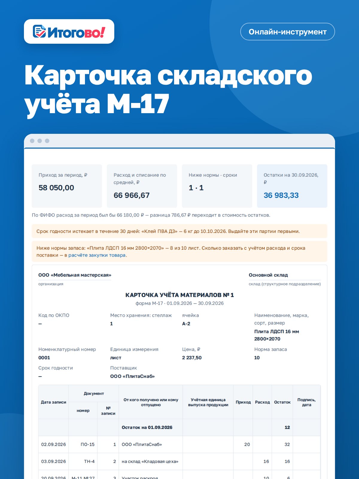 Карточка складского учёта М-17 — онлайн-инструмент Итогово