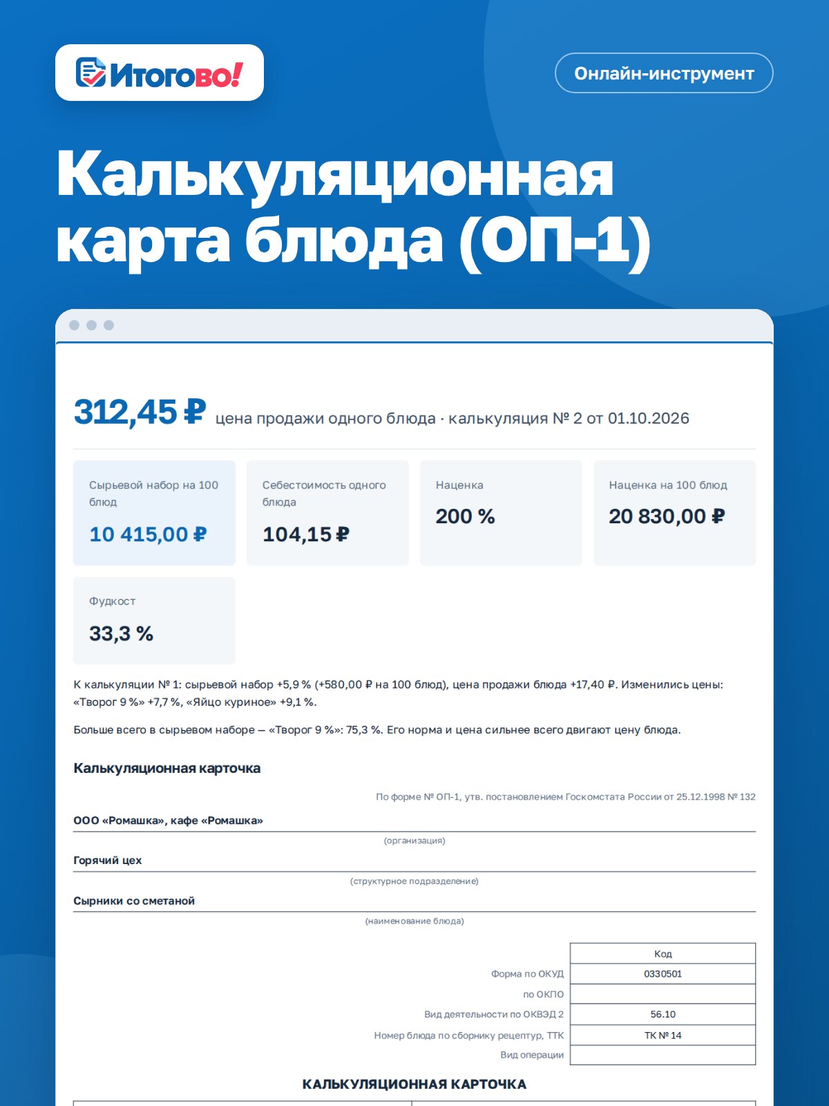 Калькуляционная карта блюда (ОП-1) — онлайн-инструмент Итогово