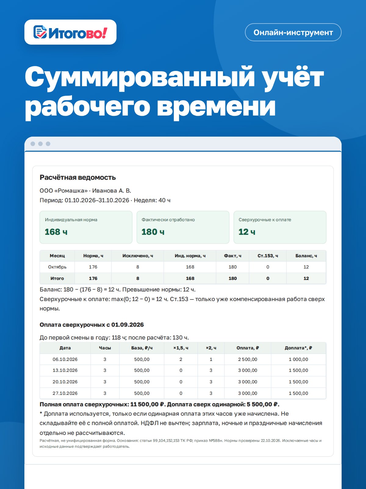 Суммированный учёт рабочего времени — онлайн-инструмент Итогово