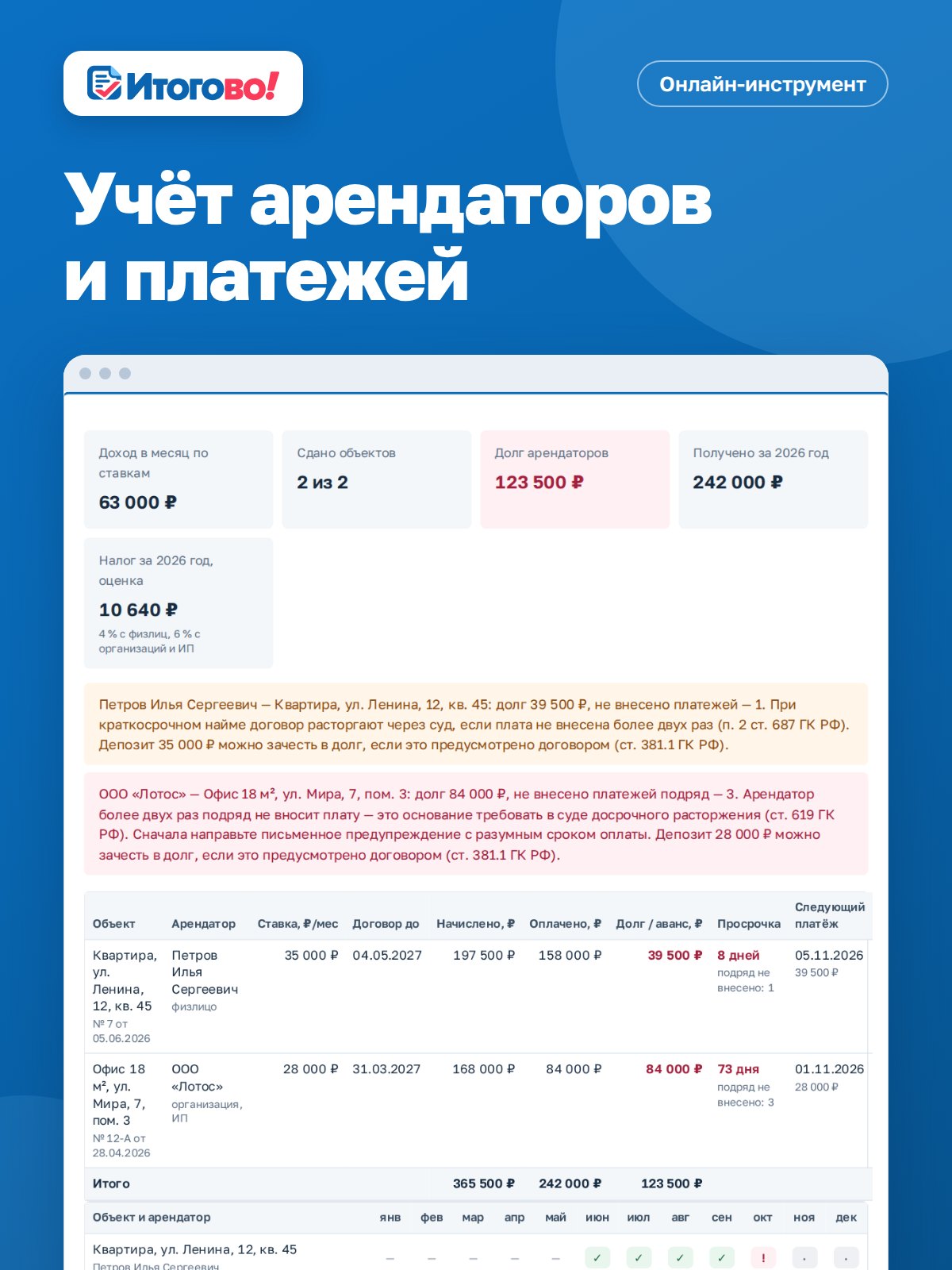 Учёт арендаторов и платежей — онлайн-инструмент Итогово