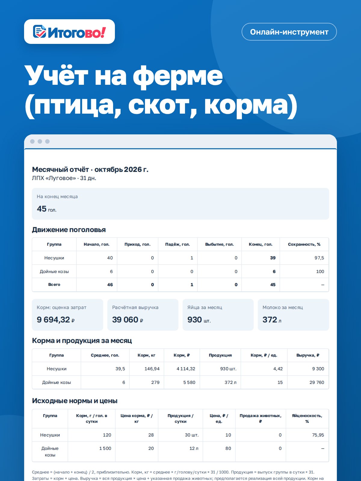 Учёт на ферме (птица, скот, корма) — онлайн-инструмент Итогово