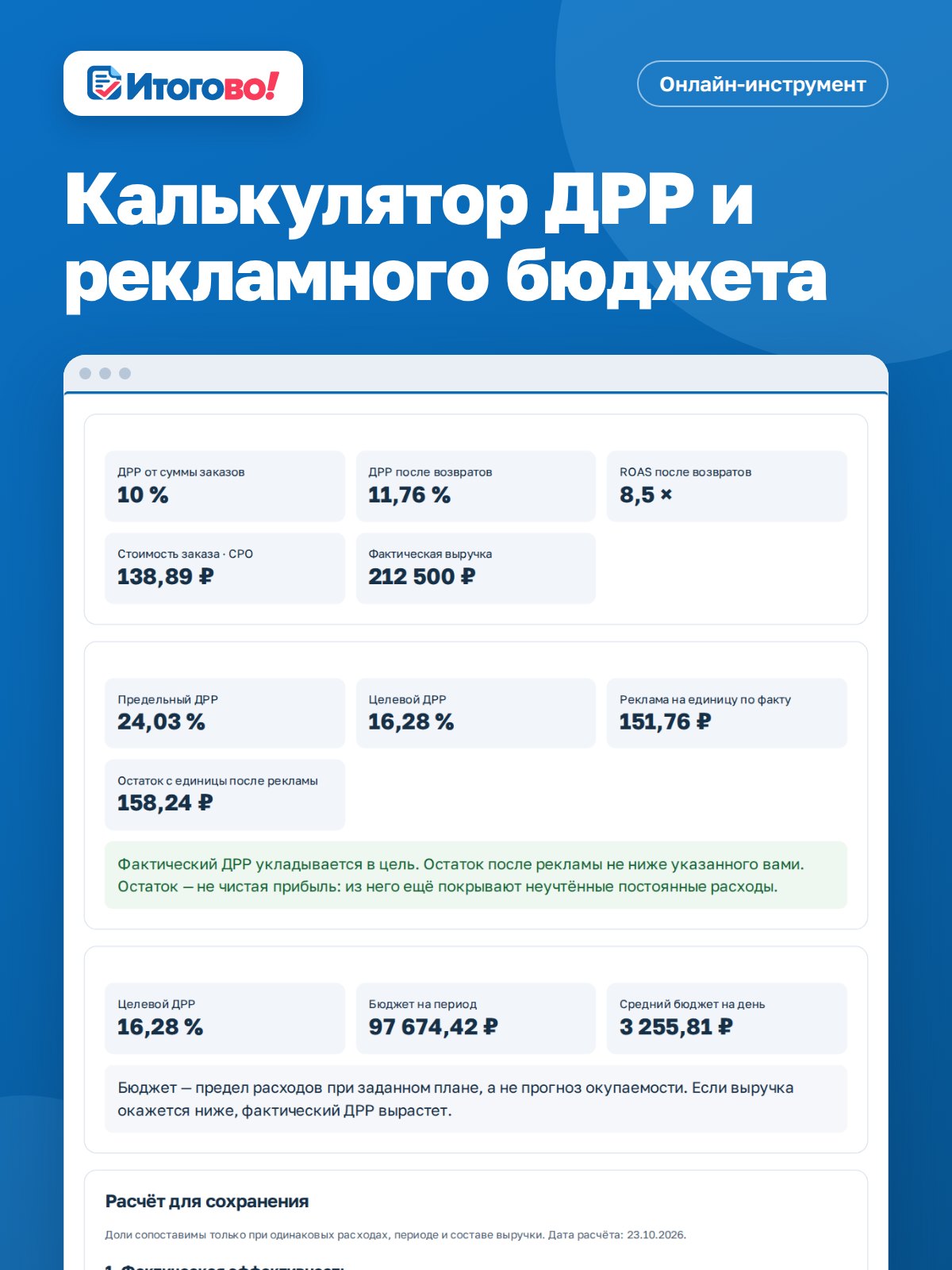 Калькулятор ДРР и рекламного бюджета — онлайн-инструмент Итогово